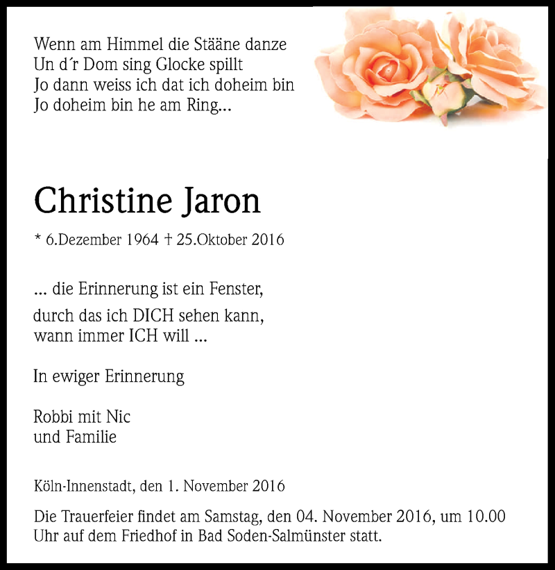  Traueranzeige für Christine Jaron vom 01.11.2016 aus Kölner Stadt-Anzeiger / Kölnische Rundschau / Express