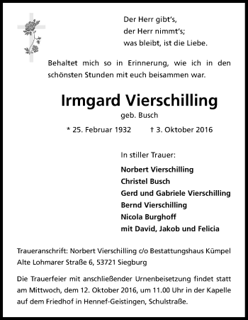 Anzeige von Irmgard Vierschilling von Kölner Stadt-Anzeiger / Kölnische Rundschau / Express