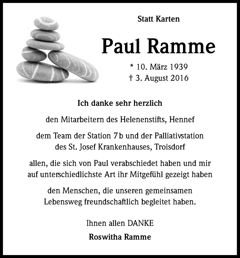  Traueranzeige für Paul Ramme vom 05.10.2016 aus Kölner Stadt-Anzeiger / Kölnische Rundschau / Express
