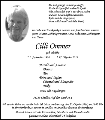 Anzeige von Cilli Ommer von Kölner Stadt-Anzeiger / Kölnische Rundschau / Express