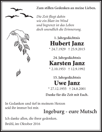 Anzeige von Hubert und Karsten und Uwe Janz von  Schlossbote/Werbekurier 