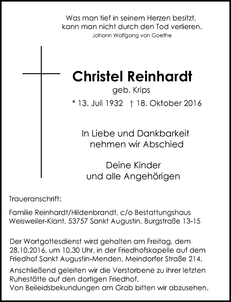  Traueranzeige für Christel Reinhardt vom 26.10.2016 aus  Extra Blatt 