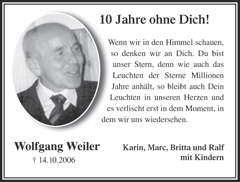  Traueranzeige für Wolfgang Weiler vom 12.10.2016 aus  Anzeigen Echo 