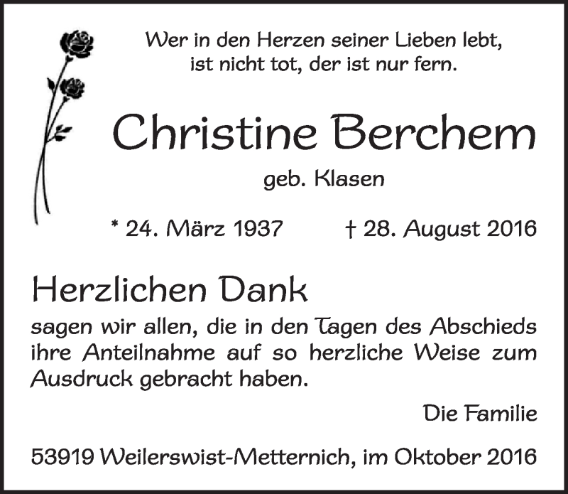  Traueranzeige für Christine Berchem vom 22.10.2016 aus  Blickpunkt Euskirchen 