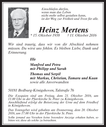 Anzeige von Heinz Mertens von  Werbepost 