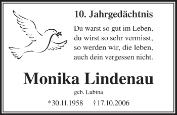 Anzeige von Monika Lindenau von  Anzeigen Echo 