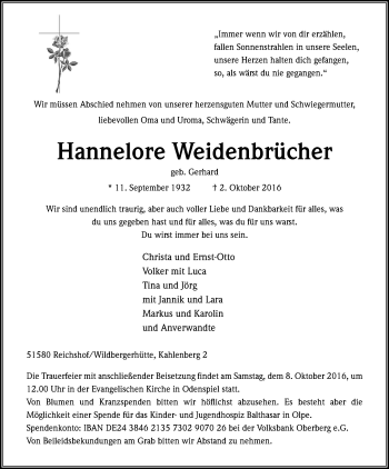 Anzeige von Hannelore Weidenbrücher von Kölner Stadt-Anzeiger / Kölnische Rundschau / Express