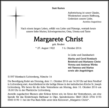 Anzeige von Margarete Christ von Kölner Stadt-Anzeiger / Kölnische Rundschau / Express