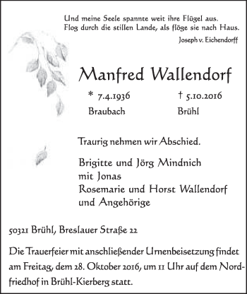 Anzeige von Manfred Wallendorf von  Schlossbote/Werbekurier 