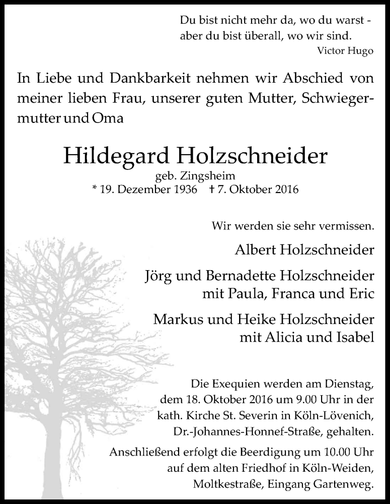  Traueranzeige für Hildegard Holzschneider vom 15.10.2016 aus Kölner Stadt-Anzeiger / Kölnische Rundschau / Express
