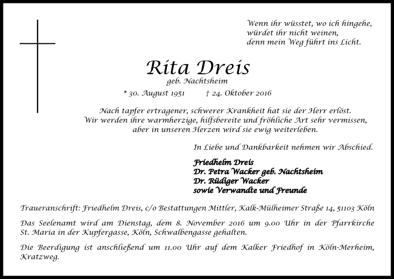  Traueranzeige für Rita Dreis vom 29.10.2016 aus Kölner Stadt-Anzeiger / Kölnische Rundschau / Express