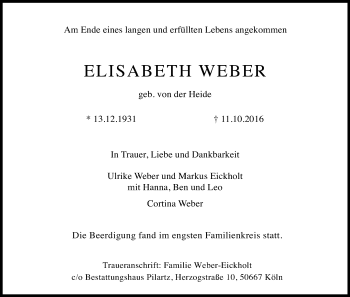 Anzeige von Elisabeth Weber von Kölner Stadt-Anzeiger / Kölnische Rundschau / Express