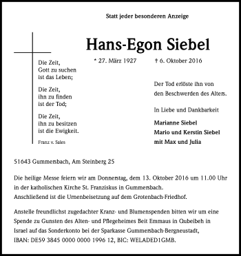 Anzeige von Hans-Egon Siebel von Kölner Stadt-Anzeiger / Kölnische Rundschau / Express