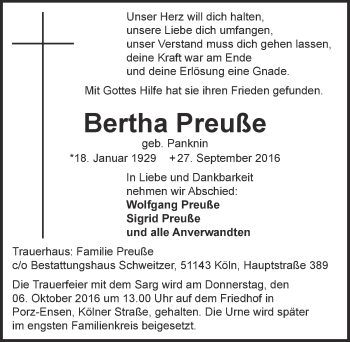 Anzeige von Bertha Preuße von  Kölner Wochenspiegel 