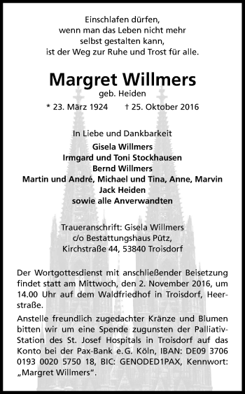 Anzeige von Margret Willmers von Kölner Stadt-Anzeiger / Kölnische Rundschau / Express