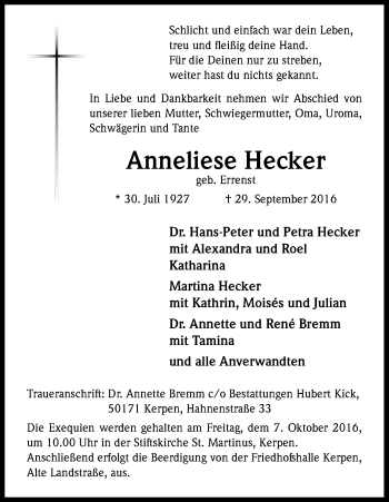 Anzeige von Anneliese Hecker von Kölner Stadt-Anzeiger / Kölnische Rundschau / Express