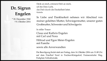 Anzeige von Sigrun Engelen von Kölner Stadt-Anzeiger / Kölnische Rundschau / Express