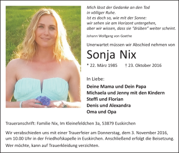 Anzeige von Sonja Nix von  Blickpunkt Euskirchen 