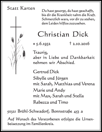 Anzeige von Christian Dick von  Schlossbote/Werbekurier 