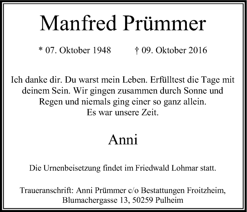  Traueranzeige für Manfred Prümmer vom 15.10.2016 aus Kölner Stadt-Anzeiger / Kölnische Rundschau / Express