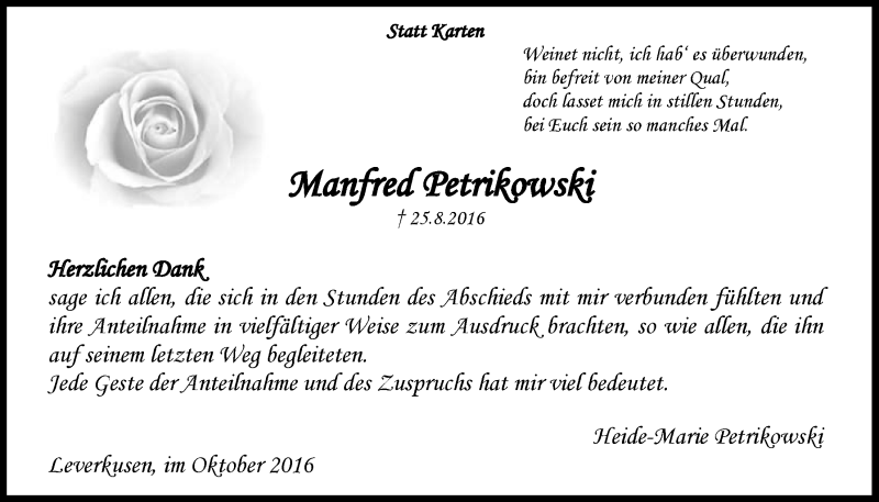  Traueranzeige für Manfred Petrikowski vom 05.10.2016 aus  Lokale Informationen 