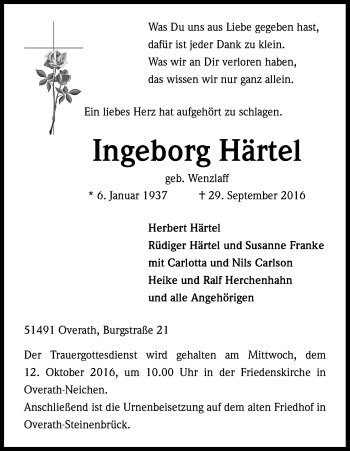 Anzeige von Ingeborg Härtel von Kölner Stadt-Anzeiger / Kölnische Rundschau / Express