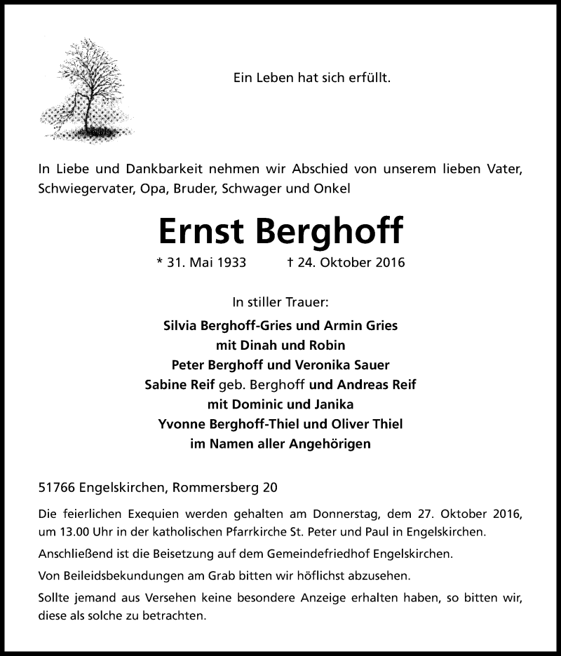  Traueranzeige für Ernst Berghoff vom 26.10.2016 aus Kölner Stadt-Anzeiger / Kölnische Rundschau / Express