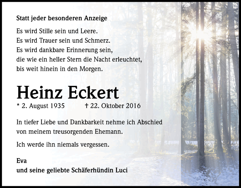  Traueranzeige für Heinz Eckert vom 29.10.2016 aus Kölner Stadt-Anzeiger / Kölnische Rundschau / Express