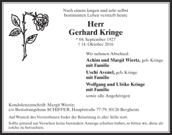 Anzeige von Gerhard Kringe von  Werbepost 