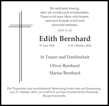 Anzeige von Edith Bernhard von Kölner Stadt-Anzeiger / Kölnische Rundschau / Express