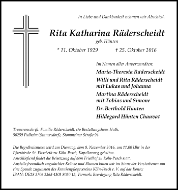 Anzeige von Rita Katharina Räderscheidt von Kölner Stadt-Anzeiger / Kölnische Rundschau / Express