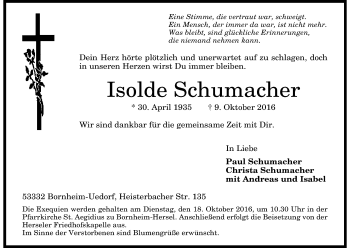 Anzeige von Isolde Schumacher von Kölner Stadt-Anzeiger / Kölnische Rundschau / Express