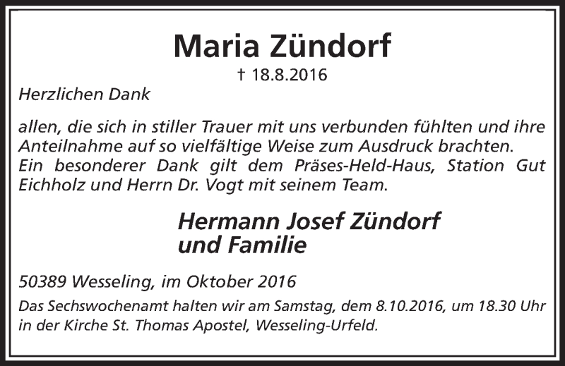  Traueranzeige für Maria Zündorf vom 05.10.2016 aus  Schlossbote/Werbekurier 