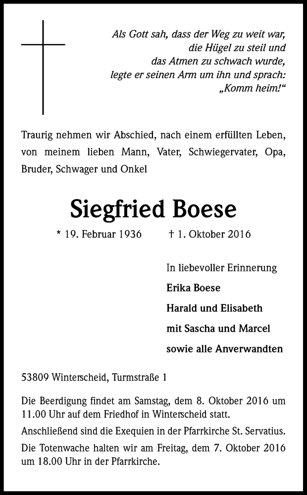  Traueranzeige für Siegfried Boese vom 05.10.2016 aus Kölner Stadt-Anzeiger / Kölnische Rundschau / Express