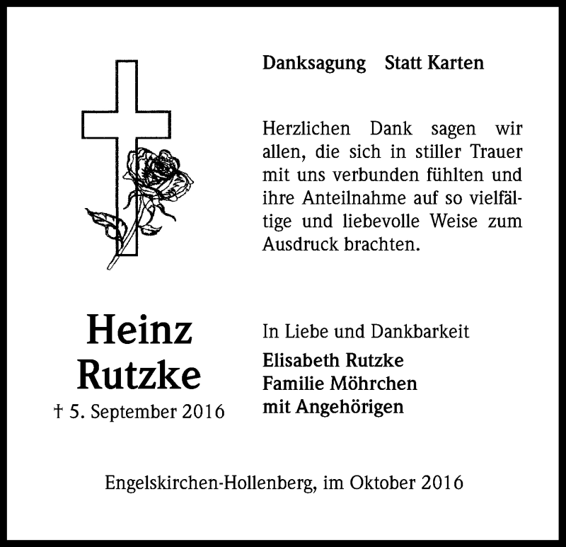  Traueranzeige für Heinz Rutzke vom 22.10.2016 aus Kölner Stadt-Anzeiger / Kölnische Rundschau / Express