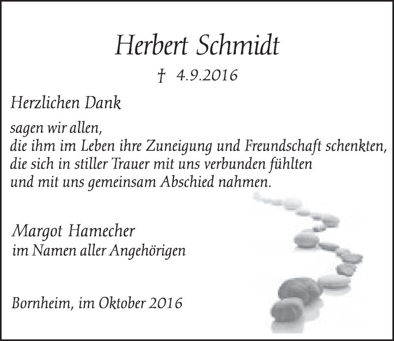  Traueranzeige für Herbert Schmidt vom 26.10.2016 aus  Schlossbote/Werbekurier 