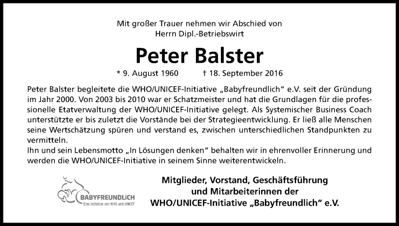  Traueranzeige für Peter Balster vom 05.10.2016 aus Kölner Stadt-Anzeiger / Kölnische Rundschau / Express