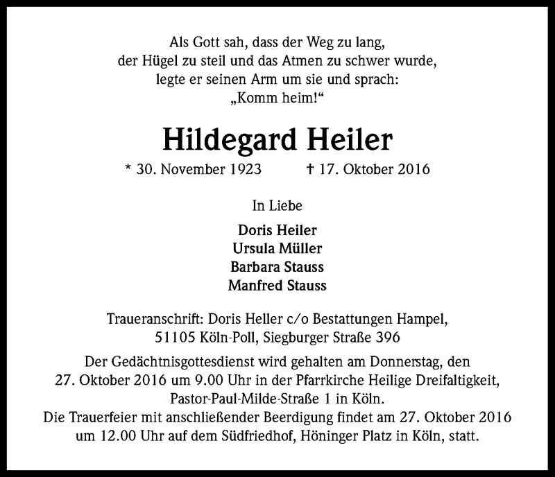  Traueranzeige für Hildegard Heiler vom 22.10.2016 aus Kölner Stadt-Anzeiger / Kölnische Rundschau / Express