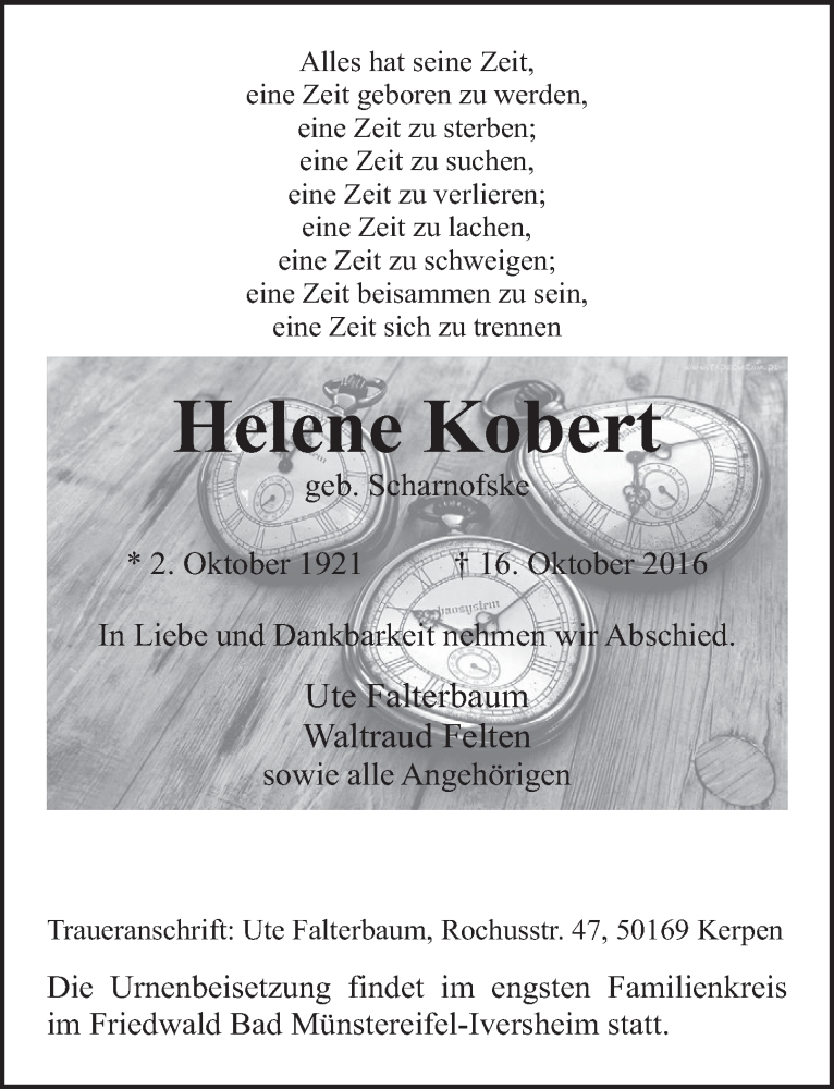 Traueranzeige für Helene Kobert vom 22.10.2016 aus  Sonntags-Post 