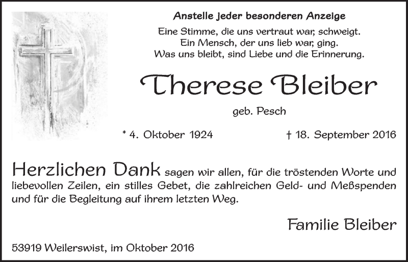  Traueranzeige für Therese Bleiber vom 15.10.2016 aus  Blickpunkt Euskirchen 