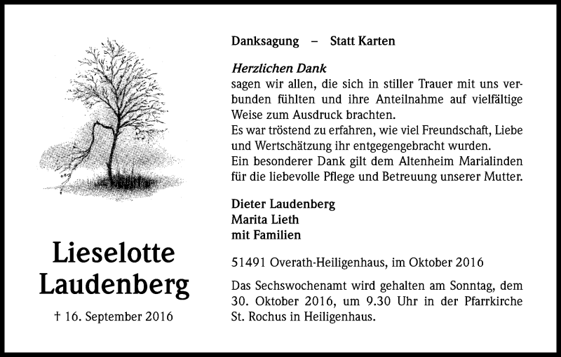  Traueranzeige für Lieselotte Laudenberg vom 22.10.2016 aus Kölner Stadt-Anzeiger / Kölnische Rundschau / Express
