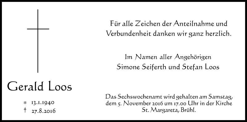  Traueranzeige für Gerald Loos vom 29.10.2016 aus Kölner Stadt-Anzeiger / Kölnische Rundschau / Express
