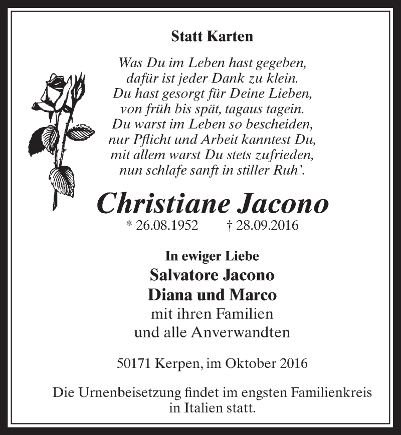  Traueranzeige für Christiane Jacono vom 12.10.2016 aus  Werbepost 