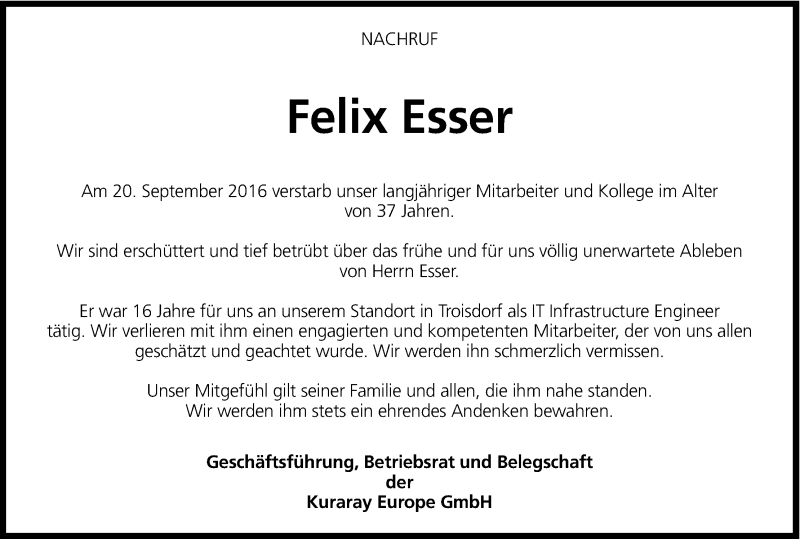  Traueranzeige für Felix Esser vom 15.10.2016 aus Kölner Stadt-Anzeiger / Kölnische Rundschau / Express