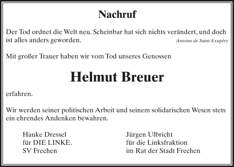  Traueranzeige für Helmut Breuer vom 29.10.2016 aus  Sonntags-Post 