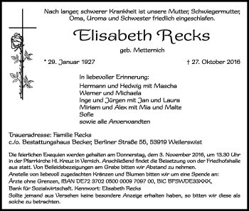 Anzeige von Elisabeth Recks von Kölner Stadt-Anzeiger / Kölnische Rundschau / Express