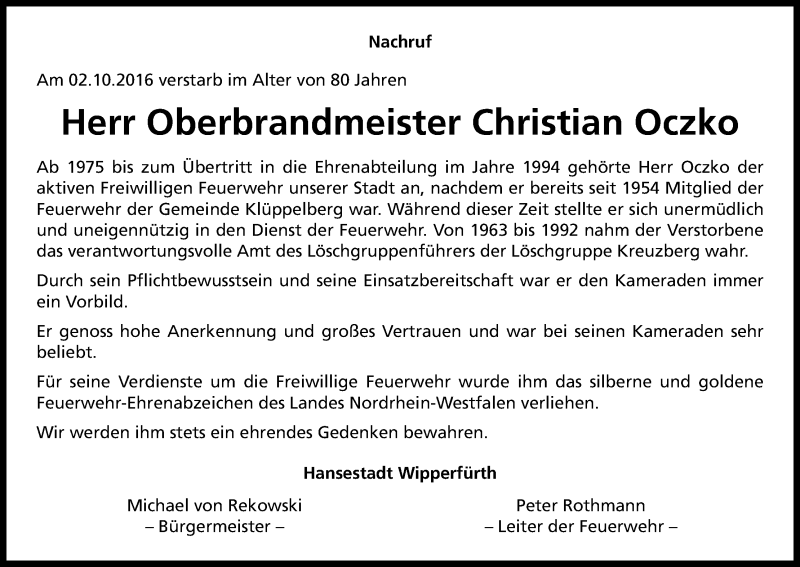  Traueranzeige für Christian Oczko vom 15.10.2016 aus Kölner Stadt-Anzeiger / Kölnische Rundschau / Express