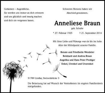 Anzeige von Anneliese Braun von Kölner Stadt-Anzeiger / Kölnische Rundschau / Express