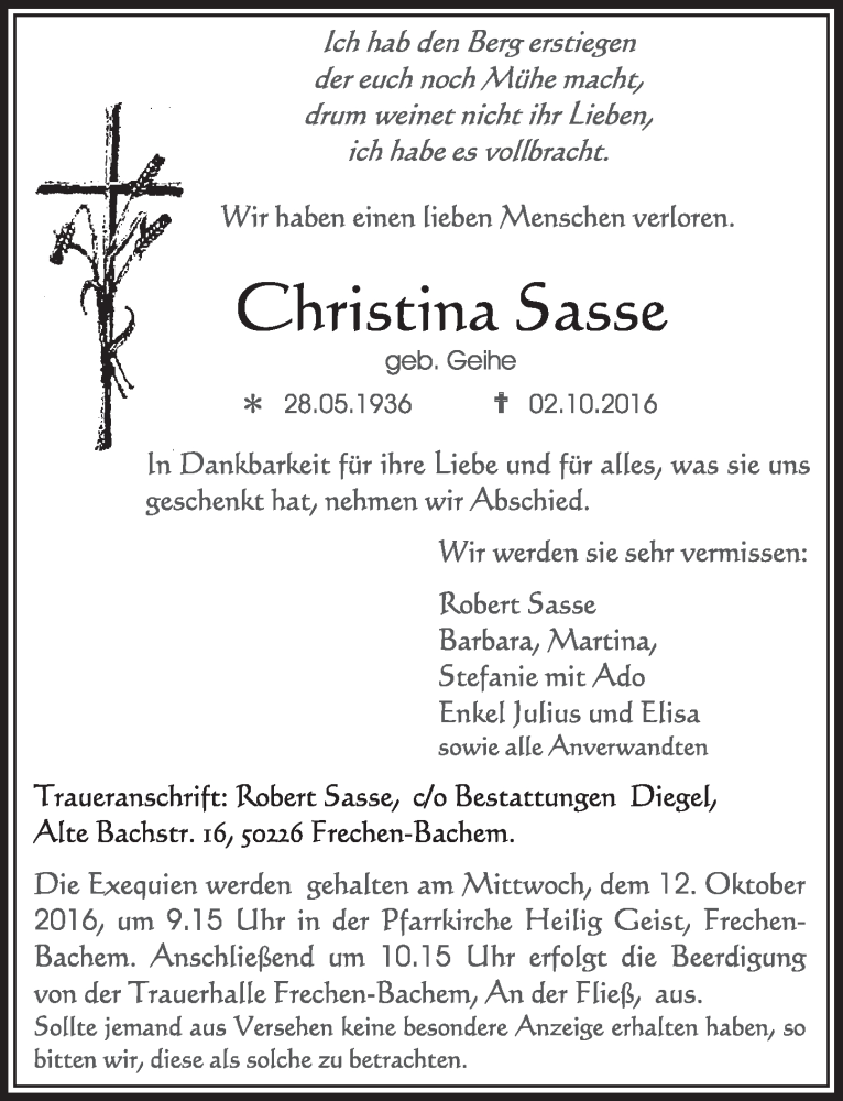  Traueranzeige für Christina Sasse vom 08.10.2016 aus  Sonntags-Post 