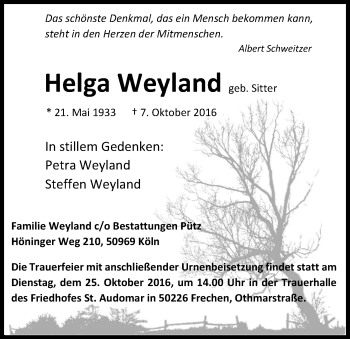 Anzeige von Helga Weyland von Kölner Stadt-Anzeiger / Kölnische Rundschau / Express